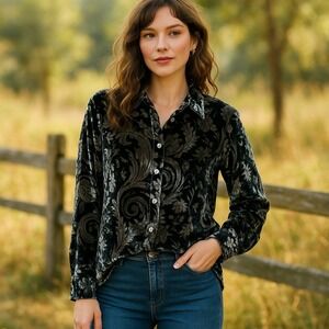 Coldwater Creek Crushed Velvet Rayon Silk‎ Luxe Paisley Long Sleeve Blouse Top M